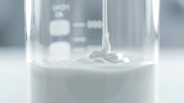 Mesmerizing slow motion patterns of thick milky white paint swirling gracefully in a transparent laboratory beaker commercial, education, research