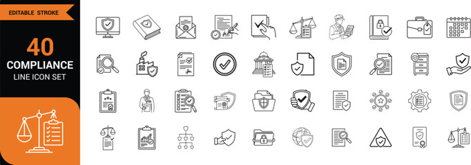 Compliance line icon set. Including Audit, Policy, Regulation, Shield, Checklist, Law, Document, Security, Standard, Certificate. Line art vector illustration © Rakibul