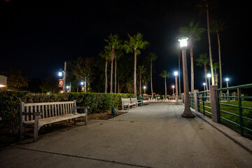 Peaceful nighttime scene of a palm-lined boardwalk with benches and glowing lamps along a waterfront path, creating a serene tropical atmosphere.