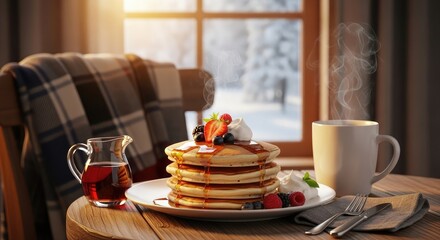 Indulge in a warm, cozy breakfast with a steaming stack of fluffy pancakes, fresh berries, whipped cream, and a side of rich maple syrup, perfect for a winter morning.