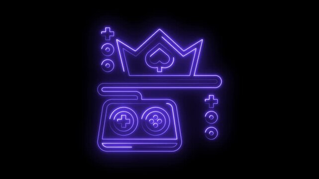 Glowing neon game design featuring crown,spades,controller and geometric shapes on black - Powered by Adobe