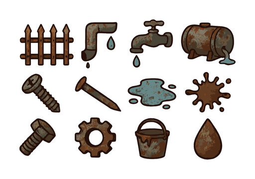 Rusty metal objects collection with fence, tap, barrel, screw, nail, gear, bucket, and water spill