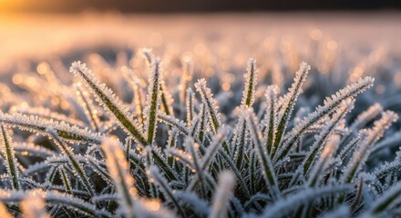 Sparkling frost crystals delicately adorn blades of grass bathed in warm golden morning sunlight, creating a breathtaking winter wonderland scene.