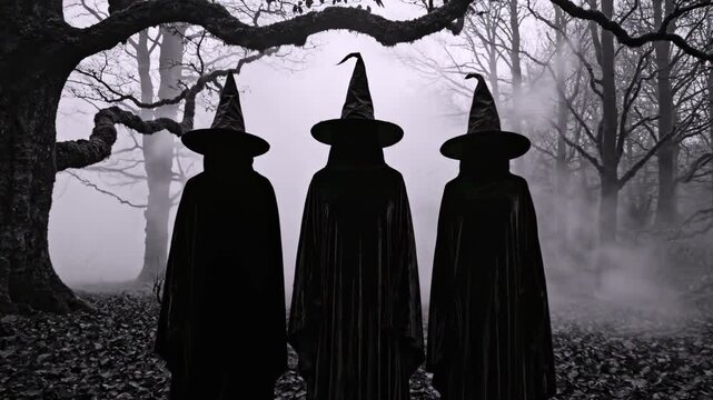 Silhouette of three cloaked figures in witch hats stand in a foggy forest
