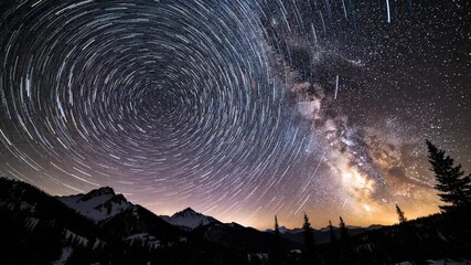 Mesmerizing star trails circle the celestial pole with the luminous Milky Way core in a dramatic night sky timelapse pole, discovery, science - Powered by Adobe