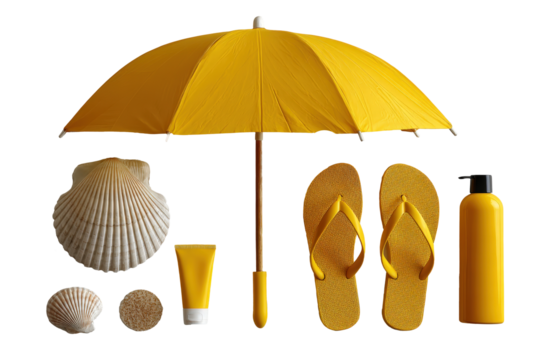 Flatlay of beach essentials including umbrella, shell, flip-flops, and sun lotion on white