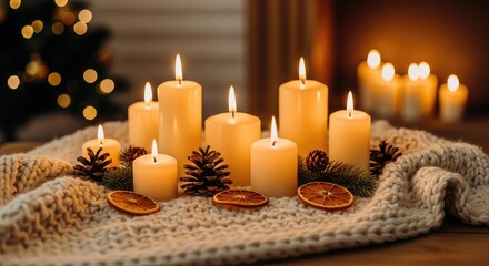 Cozy winter evening ambiance with flickering pillar candles, pine cones, dried orange slices, and soft knit blanket creating a warm, inviting holiday atmosphere