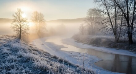 Serene winter sunrise bathes frozen riverbank and mist shrouded trees in ethereal golden light, evoking peaceful solitude and natural beauty