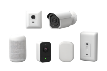 Smart home security kit with cameras and sensors arranged in isometric view on white background