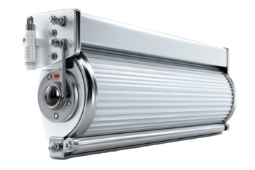 Motorized window blind tube set with side channel and remote on white background