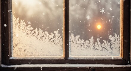 Golden hour sun peeks through a frosty window pane adorned with delicate ice crystals and falling snowflakes, evoking cozy winter mornings and serene holiday warmth.