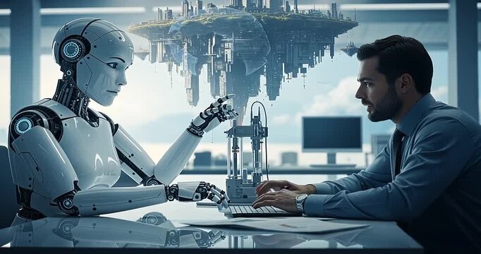 A humanoid robot interacts with a man at a futuristic workspace, showcasing advanced technology