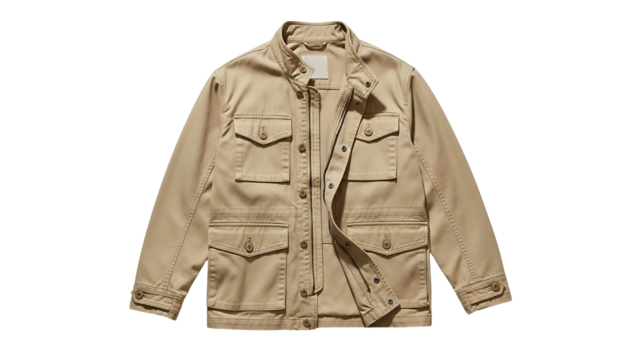 Durable cotton field jacket displays multiple flap pockets against a solid dark background