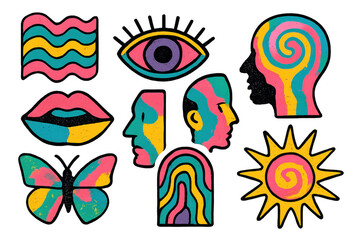 Psychedelic pop art sticker collection with human head, eye, lips, wavy shape and sun design, transparent background