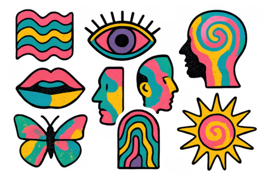 Psychedelic pop art sticker collection with human head, eye, lips, wavy shape and sun design, transparent background