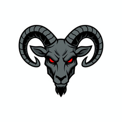 A menacing illustration of a goat's head with large horns, red eyes, and a stern expression