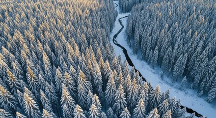 Breathtaking aerial view of a winding river flowing through a snow-dusted evergreen forest bathed in warm golden hour sunlight, evoking winter tranquility and natural beauty.