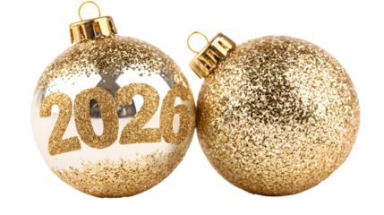 gold glitter christmas balls 2026 isolated on white background, new year ornaments cut out transparent png