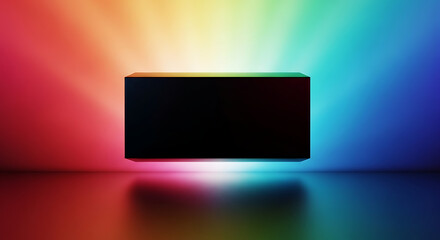 3D image Black Rectangle on Rainbow Gradient Background for Abstract Color Theory, Light Contrast, and Visual Design Concepts.