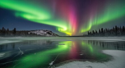 Experience the breathtaking spectacle of vibrant green and pink aurora borealis dancing across a starry night sky, reflecting on a frozen, snow-covered lake surrounded by pine forests