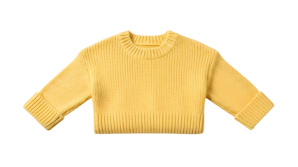 Bright yellow knitted garment features prominent ribbing detail on cuffs and hem