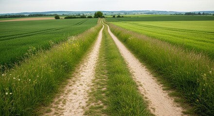 Dirt road through green fields a rural landscape with agriculture and nature perfect for travel and outdoor themes