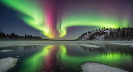 Stunning aurora borealis dances across starry night sky reflecting on frozen lake with snow-covered pines and rugged hills creating a magical winter wonderland experience.