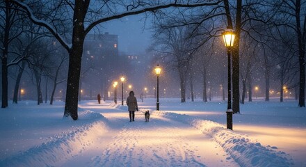 Serene winter evening walk with a dog through a snow-covered park illuminated by warm, glowing lampposts, creating a peaceful, magical atmosphere.