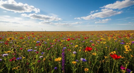 Vibrant wildflower meadow under a blue sky colorful blossoms in a field idyllic summer landscape for backgrounds and nature themes