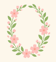 Pink cherry blossom wreath with green leaves and buds on light background

