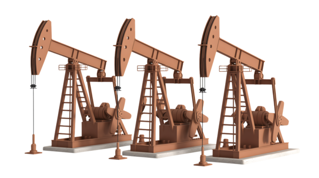 Three oil pump jacks operate in a row, symbolizing energy production