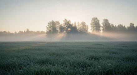 Sun rays shining through trees in a misty field creating a serene landscape perfect for nature and tranquility themes