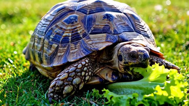 Delightful Sulcata Tortoise Eating Fresh Green Lettuce on Sunny Grass Field