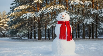 Joyful snowman adorned with a vibrant red scarf stands proudly in a sunlit snowy forest, embodying the magic of winter holidays and outdoor fun.
