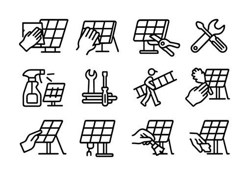 Icon set: solar panel maintenance and repair tools and techniques