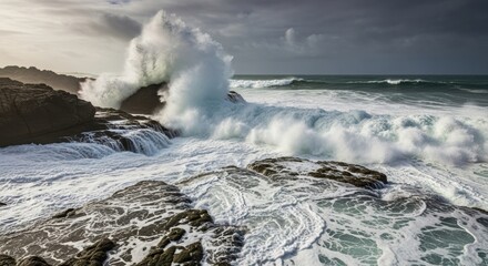 Powerful ocean waves crashing on rocks creating sea spray dramatic coastal scene for travel and nature photography