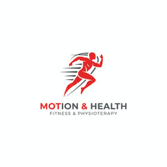 A red silhouette of a runner with motion lines and text emphasizing fitness and physiotherapy
