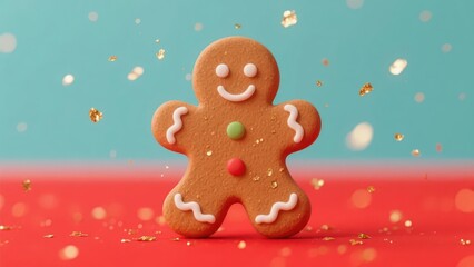 A Christmas gingerbread man cookie is placed on a red background, matched with golden decorations, creating a sweet and festive holiday atmosphere.