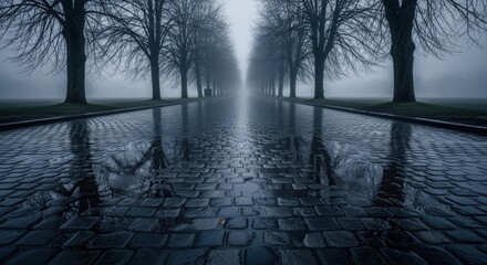Cobblestone road reflects bare trees in winter creating a moody and atmospheric scene perfect for travel or nature themes