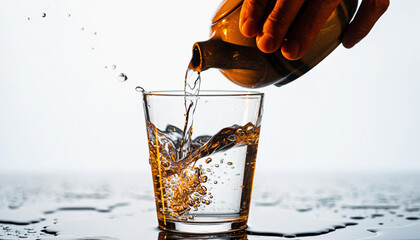 High-resolution close-up of hand pouring water from a ceramic teapot into a drinking glass, splash captured in motion, white background