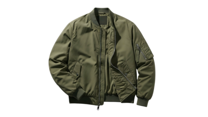 Military inspired olive green bomber jacket displayed against a solid black background