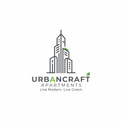 Obraz premium Modern architectural logo featuring a stylized city skyline with green accents and a leaf symbol