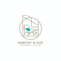 A geometric illustration of interior design, featuring a chair, small table, and a window outline