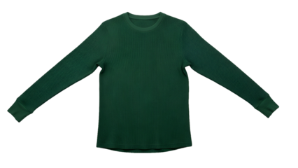 Dark green thermal knit long sleeve garment displayed flat against a black background