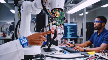A lab scene features a robot arm interaction with a person's finger, two people, circuits, technology - Powered by Adobe
