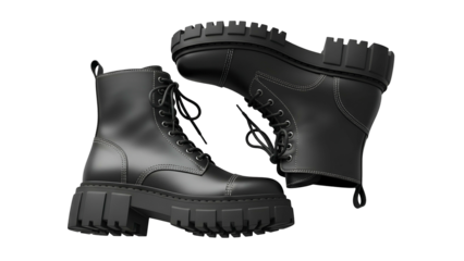 Two chunky platform combat boots float against a dark background