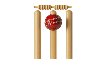 Red cricket ball poised perfectly above wooden stumps and bails