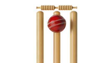 Red cricket ball poised perfectly above wooden stumps and bails
