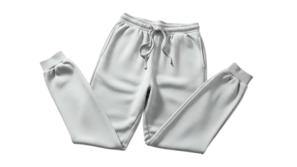 Light gray casual athletic bottoms with gathered cuffs displayed against a solid dark background