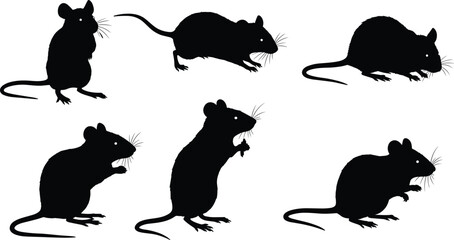 Silhouette mice in standing, crouching, jumping, expressive poses—black and white vector illustration for wildlife, rodent behavior, nature concept